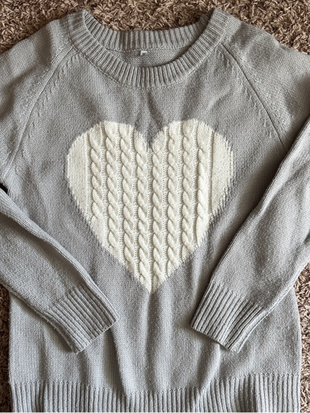 Women's Gray Crewneck Sweater with Cream Cable Heart